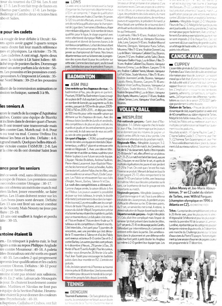 Article ASM Pau Badminton dans la République des Pyrénées